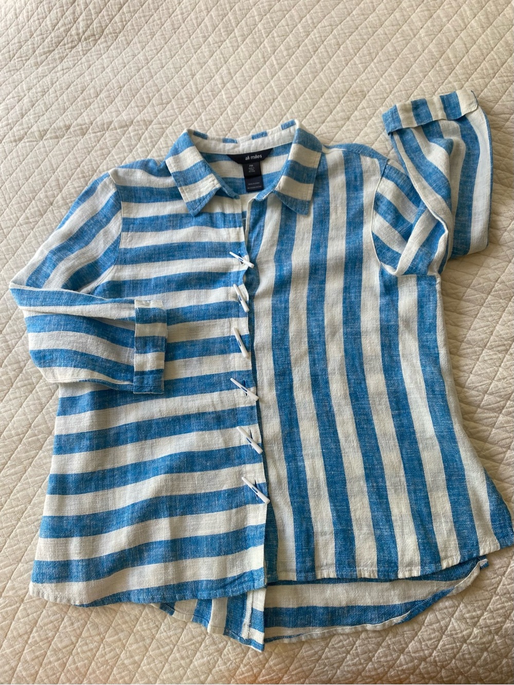 Linen Blend Blue White Cabana Striped Button Shirt w/ Zip-Back Coastal Preppy